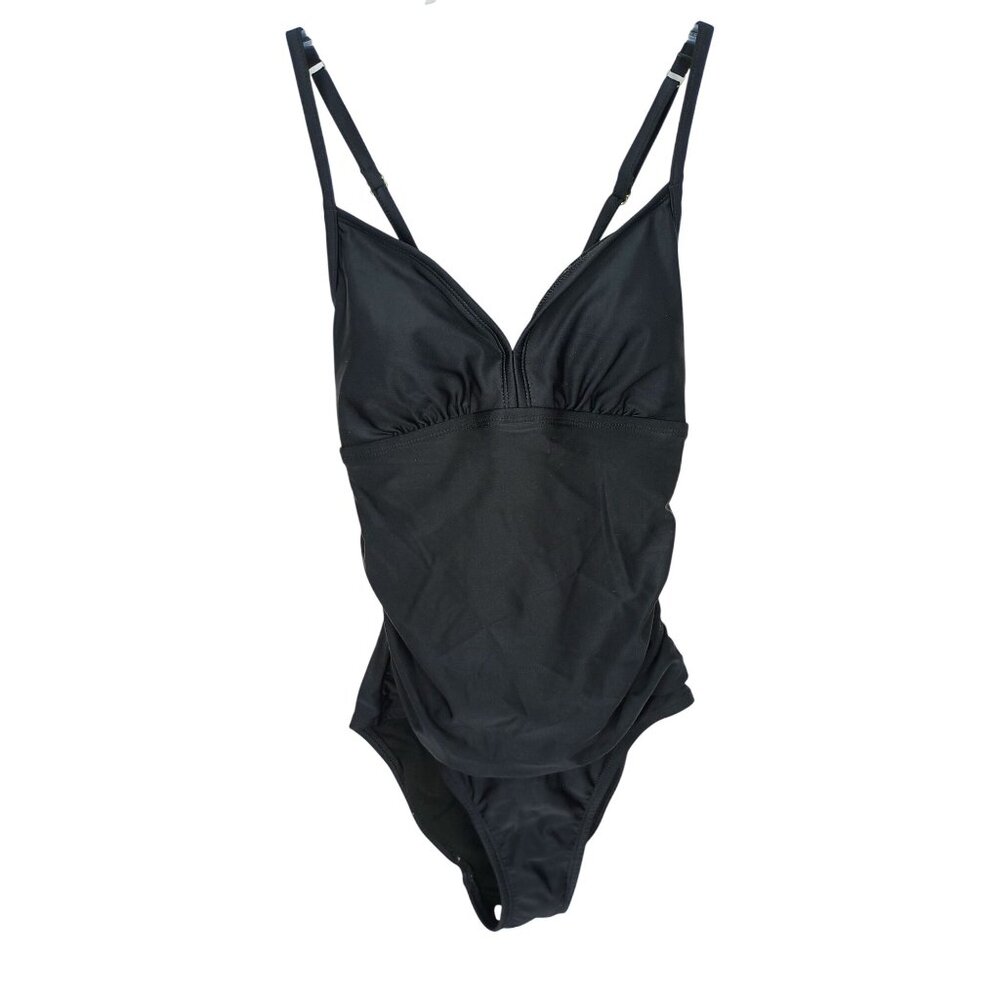 Kona Sol Black Lace Up Back One Piece‎ Swimsuit Ruched V-Neck Size S